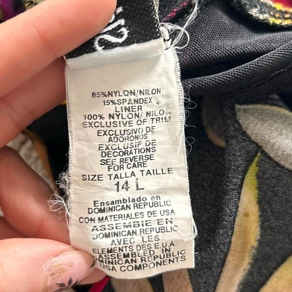 Vintage black 80s floral tropical ruffle skirt one piece swimsuit size 14 Large - Picture 8 of 8